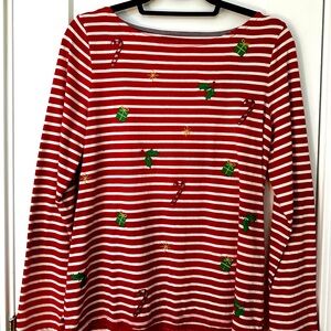 Talbots Embroidered Bateau Neck Long Sleeve Tee Holiday Icons Size Medium
